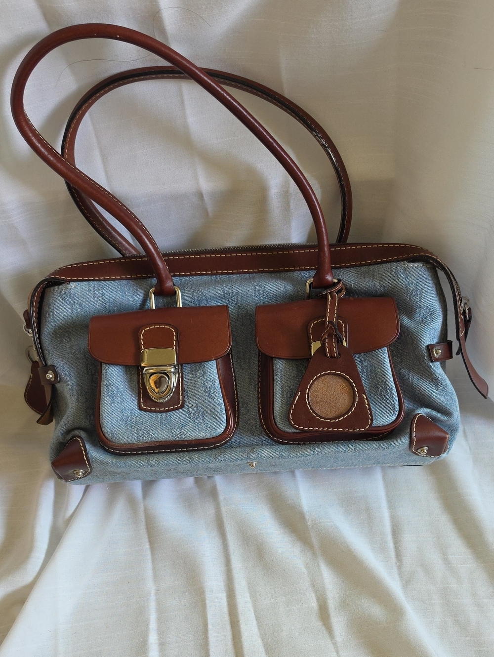 Women’s Two-Tone Denim and Brown Leather Satchel